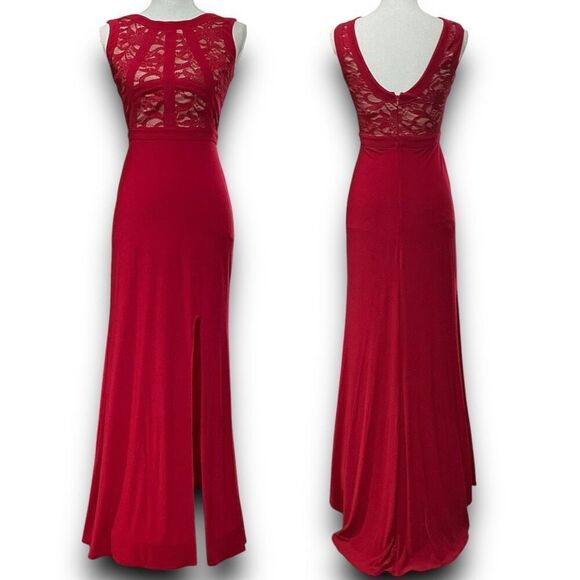 Morgan & Co Illusion Lace Top Red/Nude Long Side Split Sequence Evening Gown Max - Picture 1 of 10